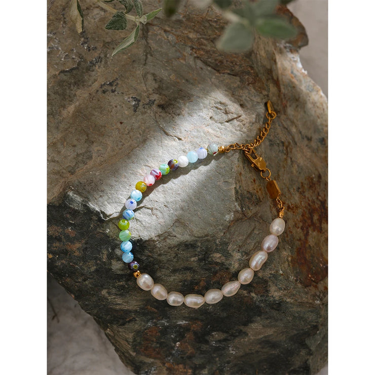 Coloured Glaze Pearl Necklace & Bracelet Set