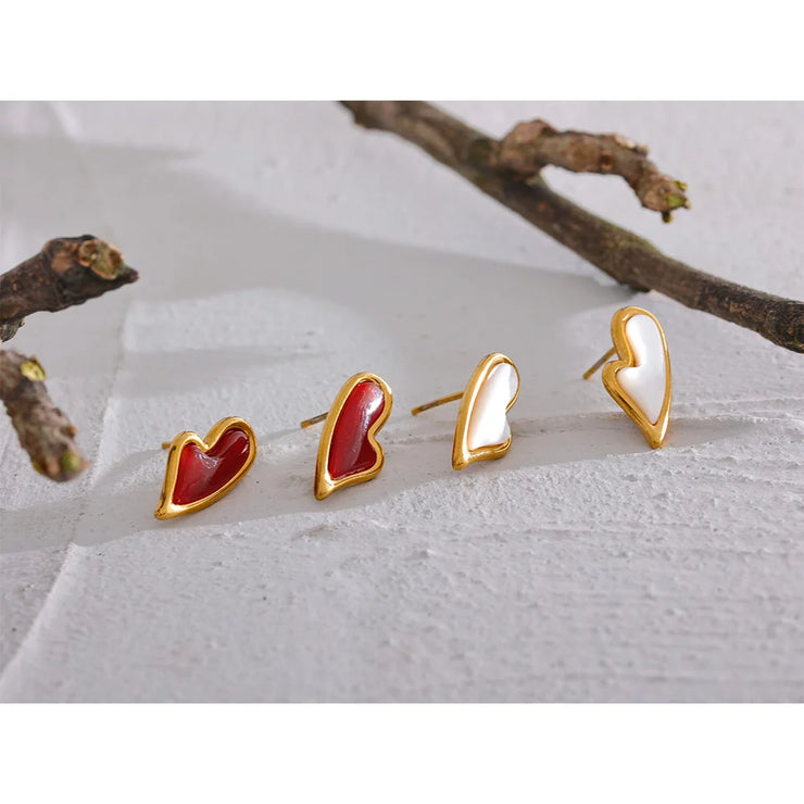 Red Agate Shell Heart Studs