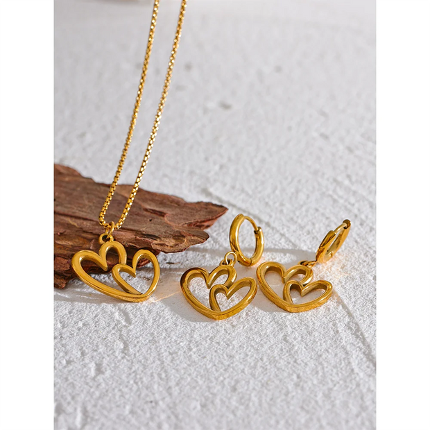 Heart Hollow Drop Hoop Earring Necklace Set