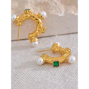 Green CZ Imitation Pearl Hoop Earrings