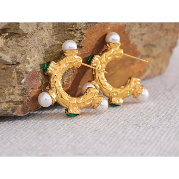 Green CZ Imitation Pearl Hoop Earrings