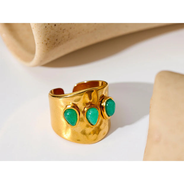 Green Natural Stone 18k Gold Plated Metal Wide Ring