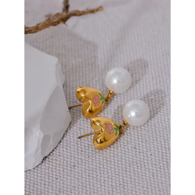 Gold Heart Pearl Drop Earrings