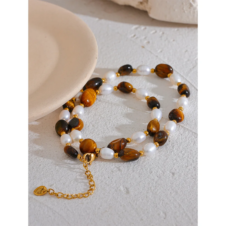 Tiger Stone & Pearl Necklace