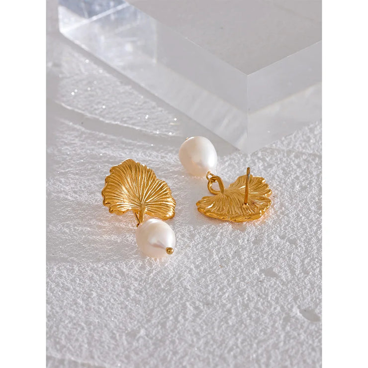 Ginkgo Leaf Pearl Dangle Earrings