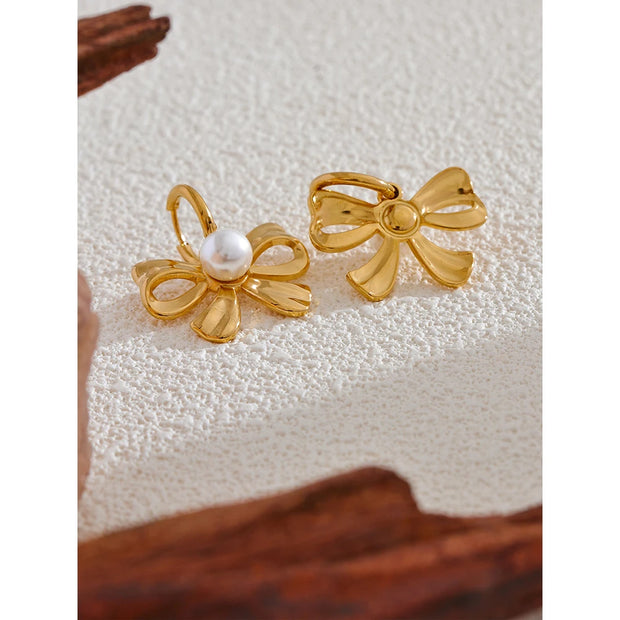 Golden Pearl Bow Knot Hoop Earrings