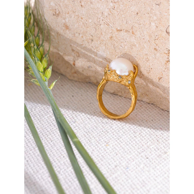 Imitation Pearl Stainless Steel Gold Color Ring