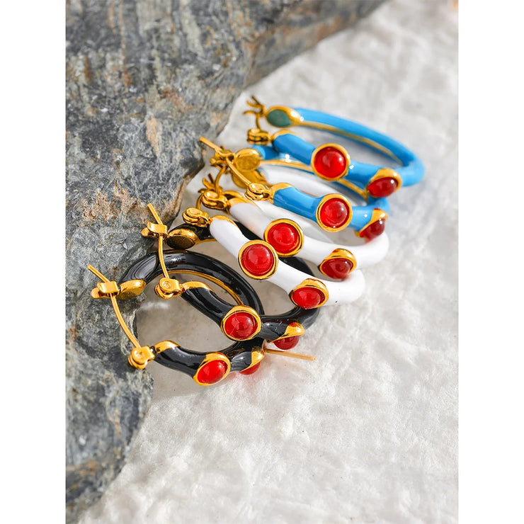 Enamel Agate Stone Hoop Earrings