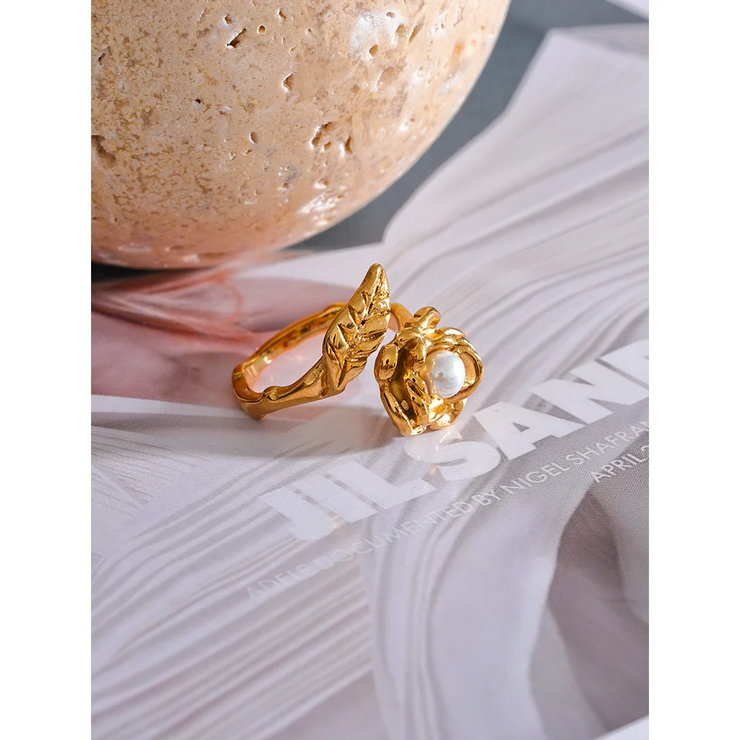 Rose Flower Leaf Pearl Ring