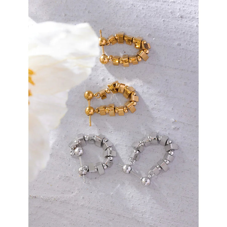 Gold Square Beads Hoop Earrings