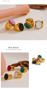 Stone Stainless Steel Gold Color Wide Ring Summer Trendy Fashion Jewelry Accessories Bijoux