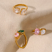 Pink Green Cubic Zirconia Adjustable Open Ring