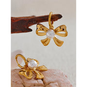 Golden Pearl Bow Knot Hoop Earrings