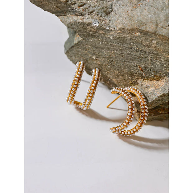 18K Gold Pearl Hoop Earrings