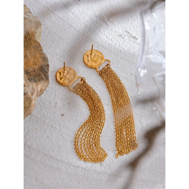 Golden Coin Chain Tassel Earrings