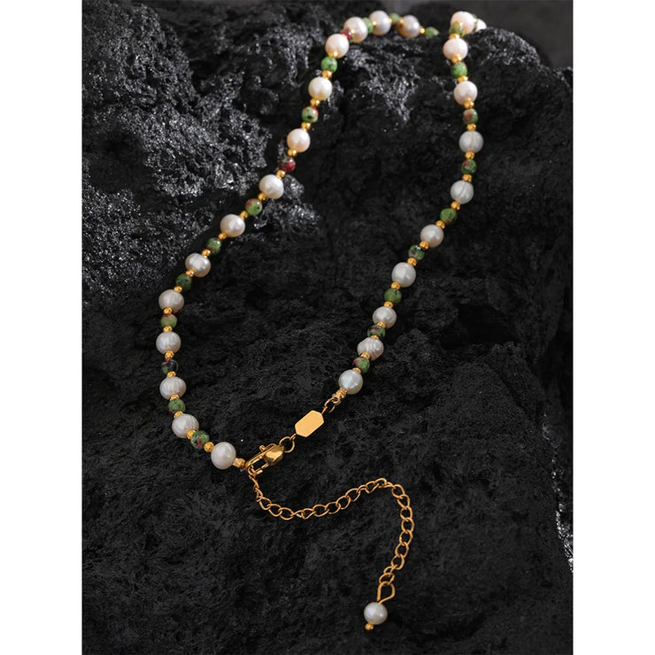 Epidote Stone & Pearl Necklace