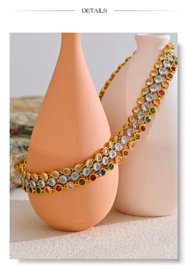 Colorful Cubic Zirconia Cast Chain Necklace & Bracelet