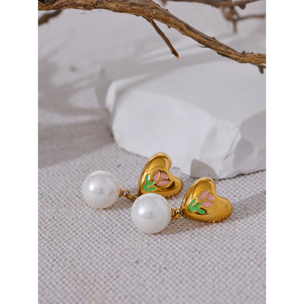 Gold Heart Pearl Drop Earrings