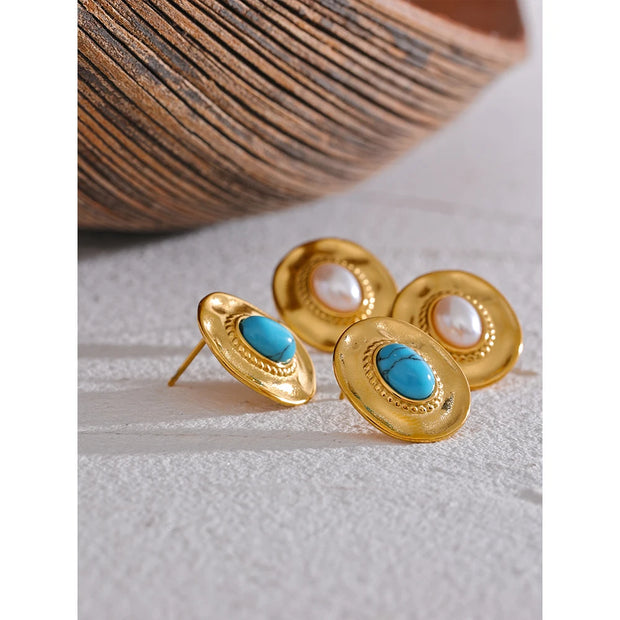 Turquoise Stone & Pearl Stud Earrings