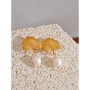 Ginkgo Leaf Pearl Dangle Earrings