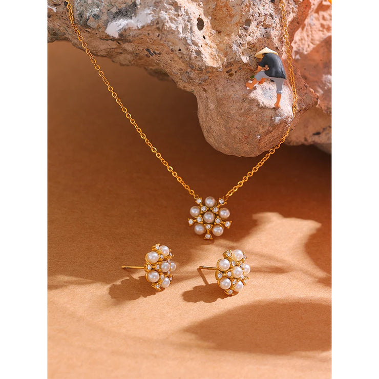 Imitation Pearls Zircon Flower Golden Pendant Necklace Stud Earrings