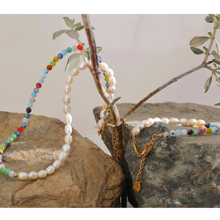 Coloured Glaze Pearl Necklace & Bracelet Set