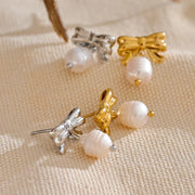 Korean Bow Knot Pearl Drop Earrings