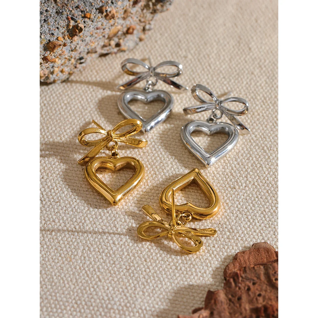 Gold Bow Heart Drop Earrings