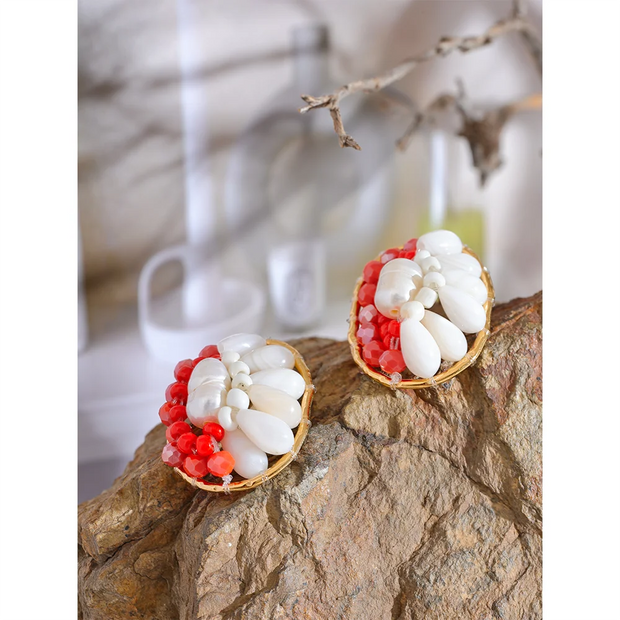 Red Shell Pearl Geometric Stud Earrings