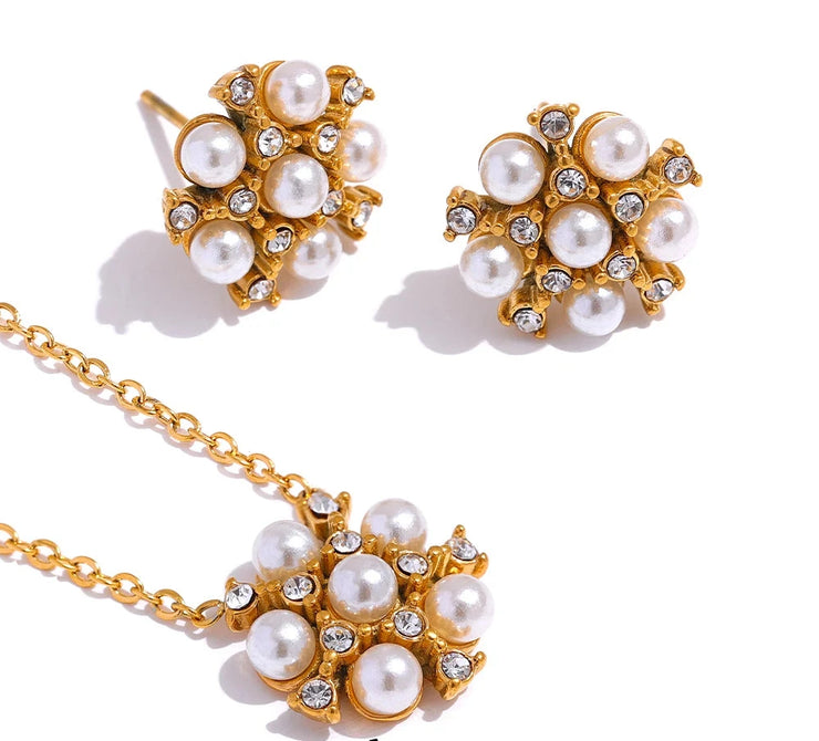 Imitation Pearls Zircon Flower Golden Pendant Necklace Stud Earrings