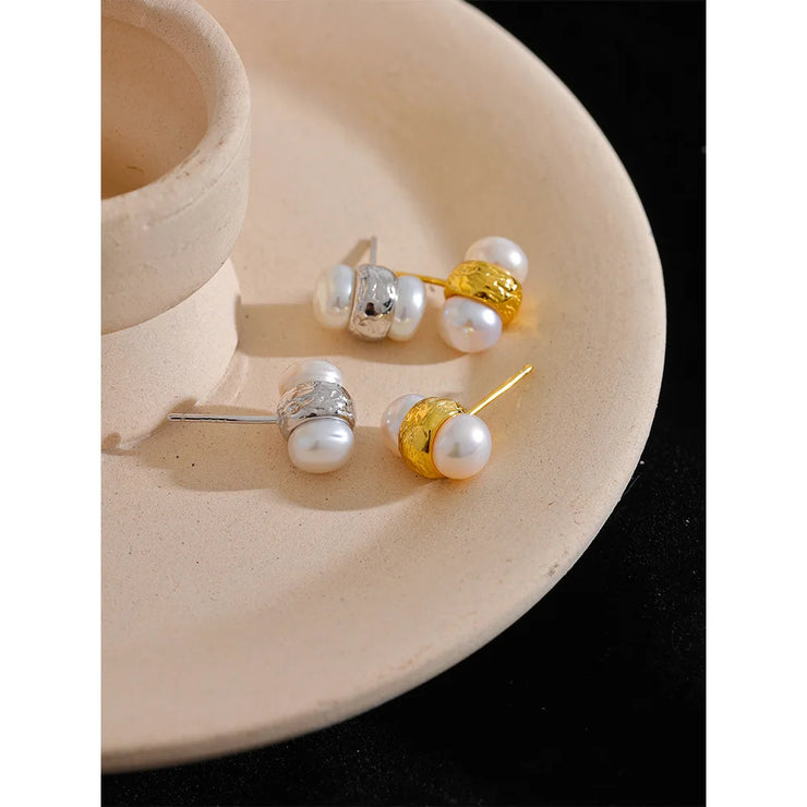 Luxury Natural Freshwater Pearls S925 Sterling Silver Geometric Small Stud Earrings High-Grade Fashion Fine Jewelry Gift