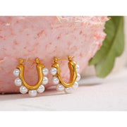 Gold Pearl Huggie Hoop Earrings