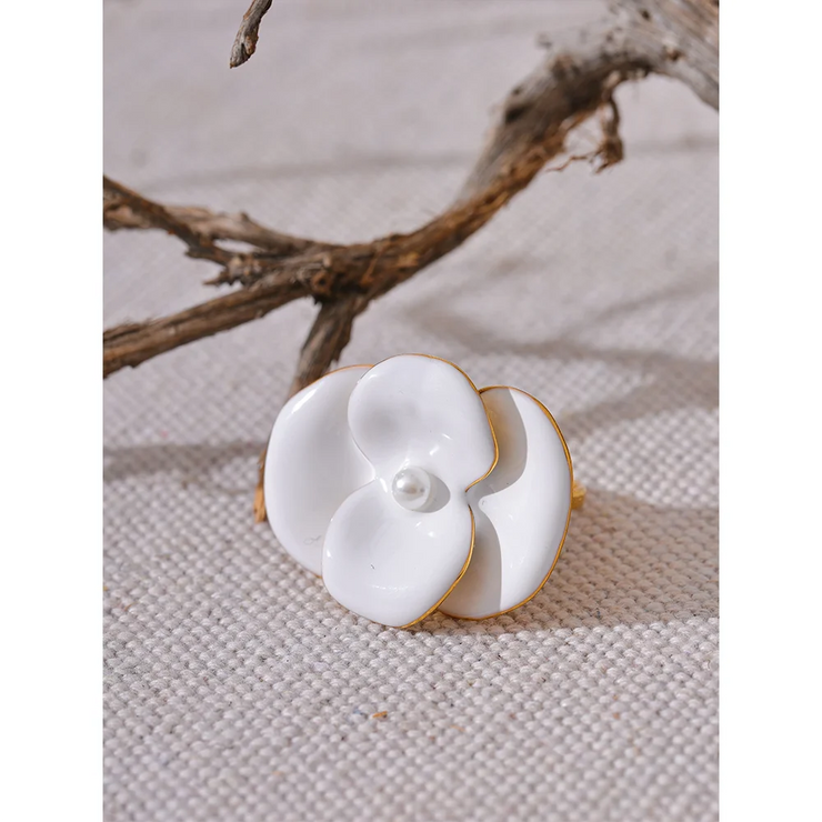 White Enamel Flower Adjustable Ring