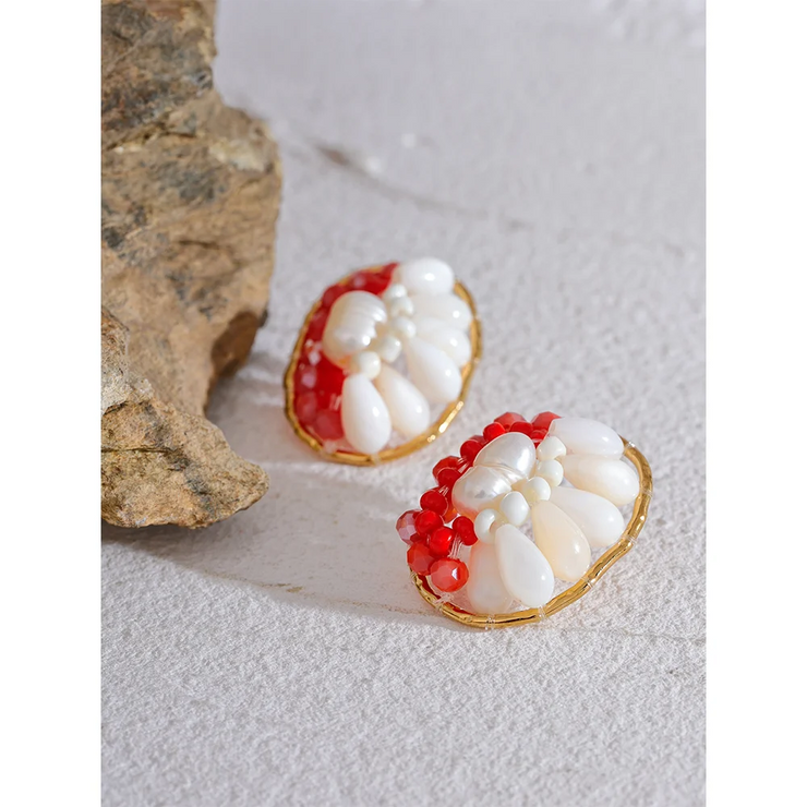 Red Shell Pearl Geometric Stud Earrings