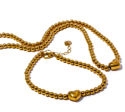 Round Beads Chain Heart Necklace Bracelet Bangle Set