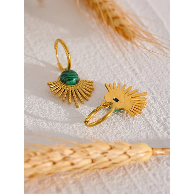 Green Stone Leaf Hoop Earrings