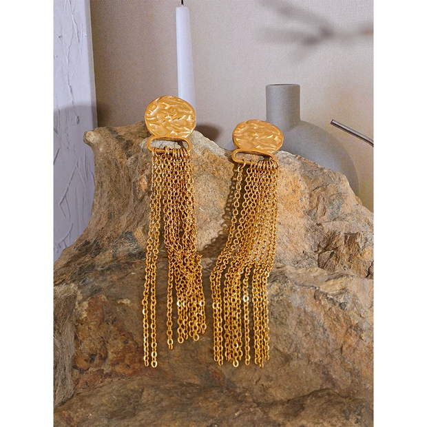 Golden Coin Chain Tassel Earrings