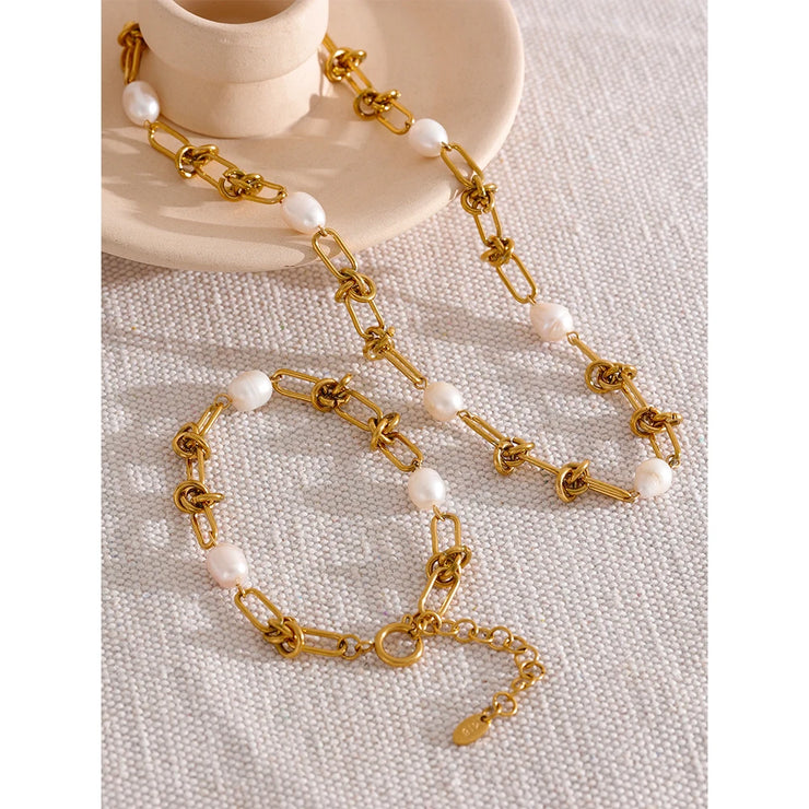 Trendy Natural Pearl Stainless Steel Necklace & Bracelet Set