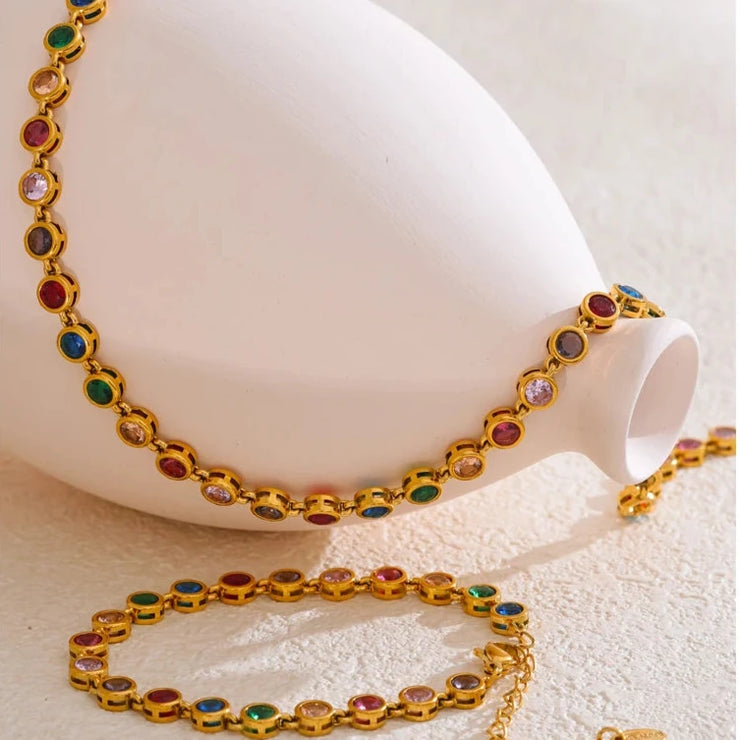 Colorful Cubic Zirconia Cast Chain Necklace & Bracelet