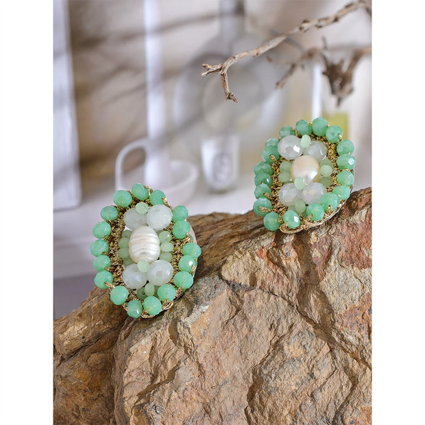 Green Pearl Crystal Stud Earrings