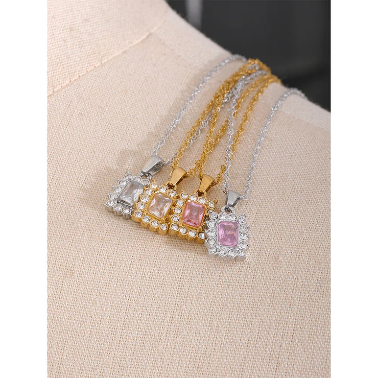 Shiny Cubic Zirconia Square Pendant Necklace