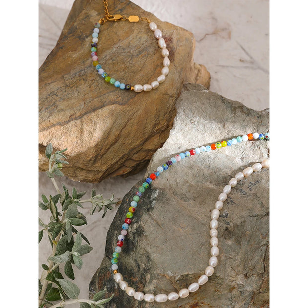 Coloured Glaze Pearl Necklace & Bracelet Set