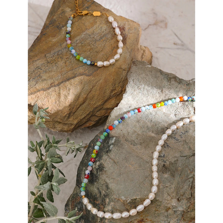 Coloured Glaze Pearl Necklace & Bracelet Set