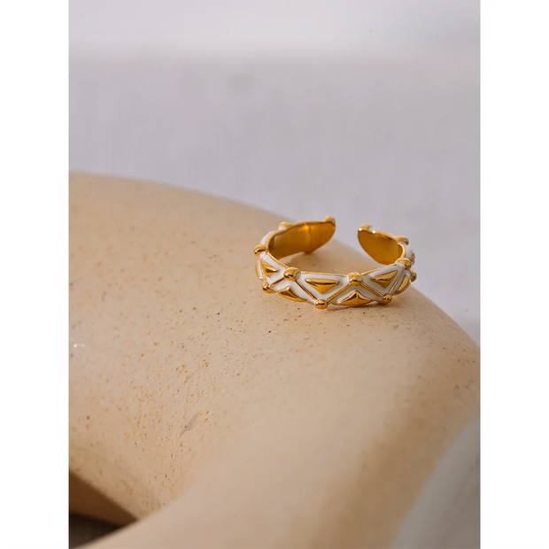 White Enamel Stainless Steel Open Gold Color Ring