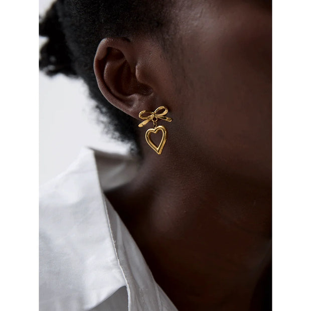 Gold Bow Heart Drop Earrings