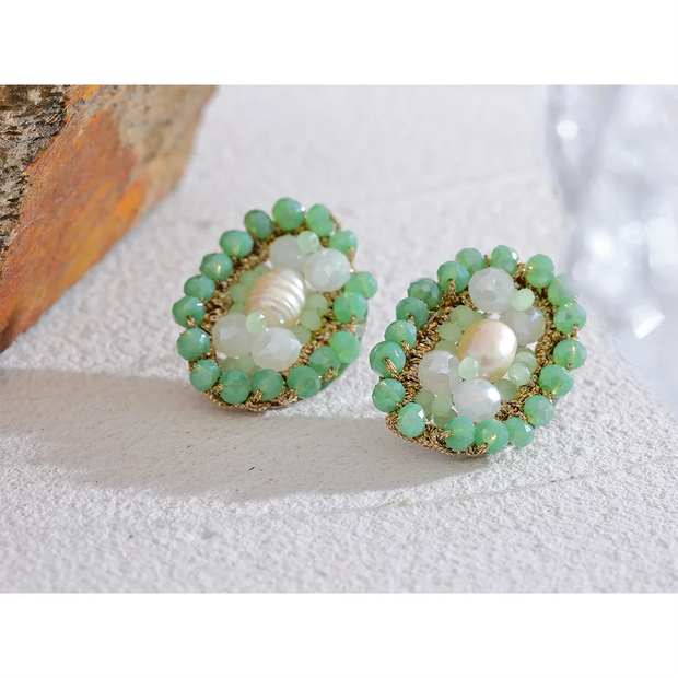 Green Pearl Crystal Stud Earrings