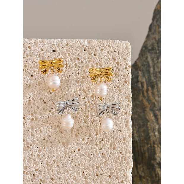 Korean Bow Knot Pearl Drop Earrings