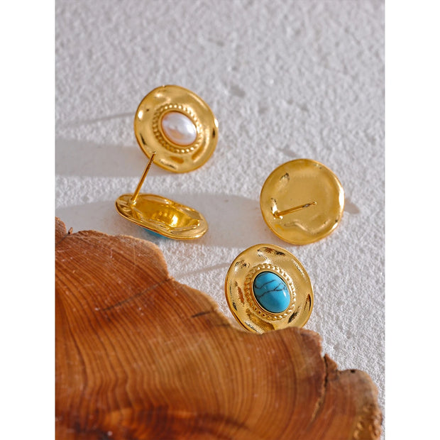 Turquoise Stone & Pearl Stud Earrings