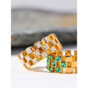 Bling Green White Color Cubic Zirconia Grid Hollow Ring