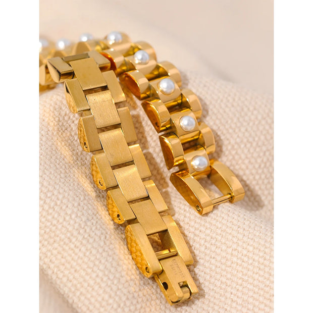 Gold Plated Pearl Cuban Chain Bracelet